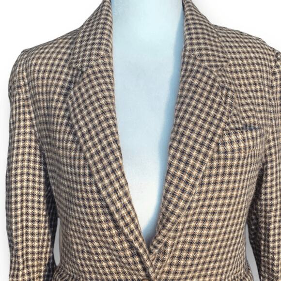 Vintage JH Collectibles Blazer Tan Navy Blue Plaid Structured Hourglass Wool - Picture 2 of 8